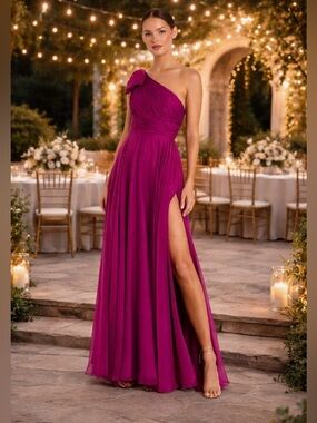 Mac Duggal Raspberry Pink One Shoulder Pleated Evening Gown Dress Womens size 8